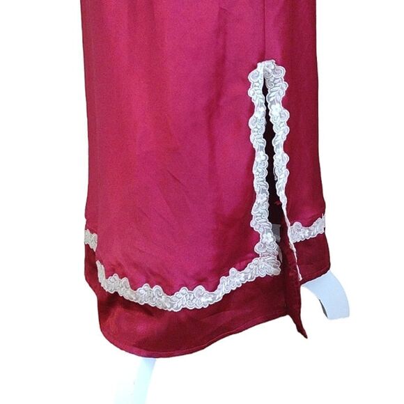 VTG 90s Red Satin White Lace Trim Long Slitted Lingerie Slip Dress Large - Picture 8 of 16